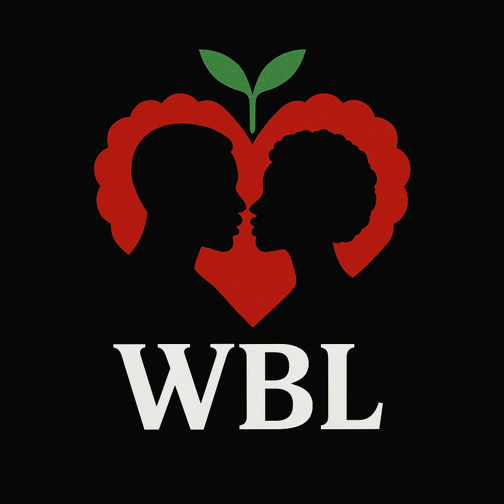 Silhouettes of a Black man and woman facing each other inside a red heart-shaped fruit with green leaves sprouting from the top, symbolizing love and growth, with the bold initials 'WBL' below.